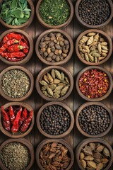 Assorted colorful spices in wooden bowls on rustic table