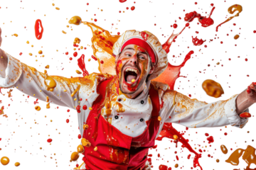 A Busy Waiter Covered Head to Toe in Splatters of Food, Capturing the Hustle and Bustle of Restaurant Life