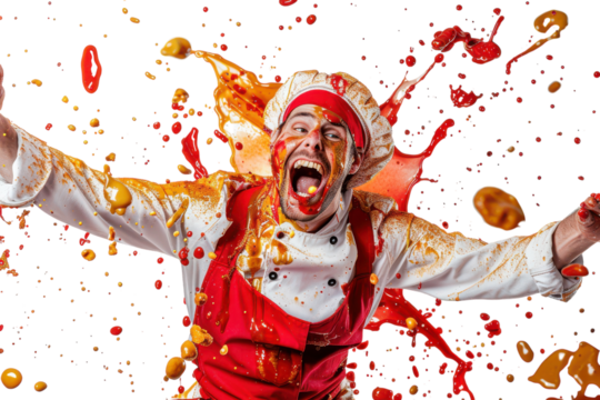 A Busy Waiter Covered Head to Toe in Splatters of Food, Capturing the Hustle and Bustle of Restaurant Life