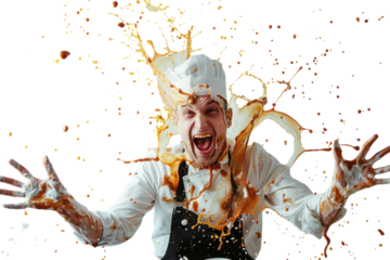 A Dedicated Waiter Covered from Head to Toe in Food Splatters Showcases the Chaos of a Busy Restaurant Environment