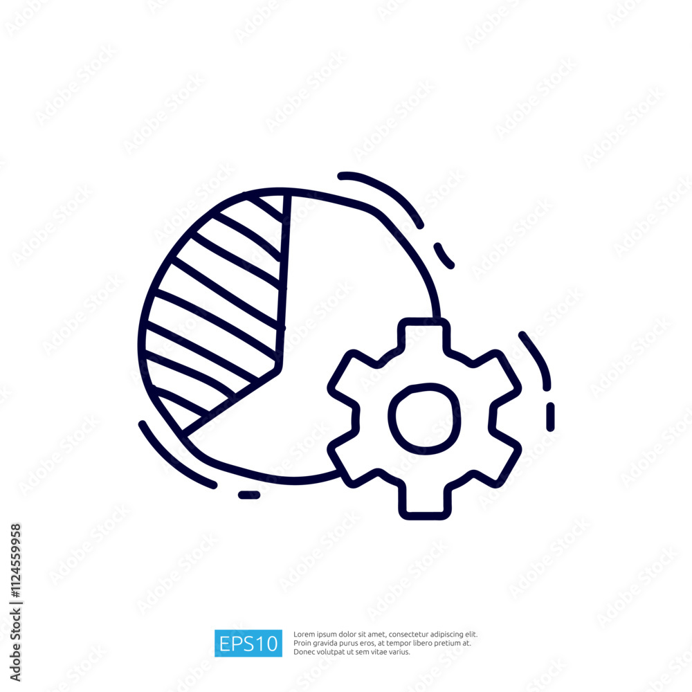 Poster a simple line drawing featuring a pie chart and a gear, symbolizing data analysis and process optimi