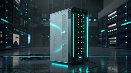 Modern game server rack with blinking lights and cables, symbolizing high-tech infrastructure and online gaming, set against a dark background.