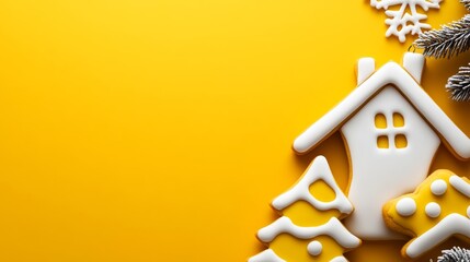 A yellow background with a house and trees on it. The house is made of cookies and the trees are made of icing