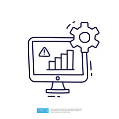 A simple line drawing of a computer monitor displaying a bar graph with an alert symbol and a gear, suggesting a focus on technology and data analysis.