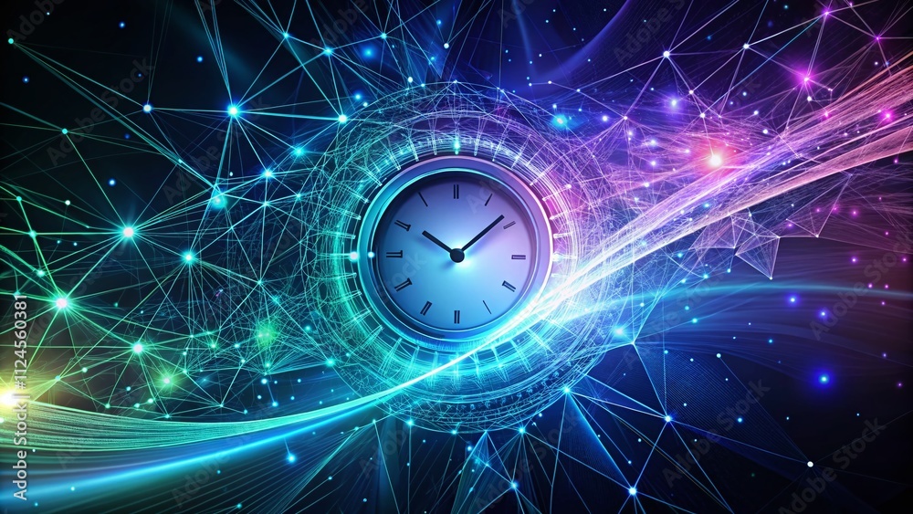 Poster abstract digital clock representing the flow of time through a network, symbolizing connectivity and