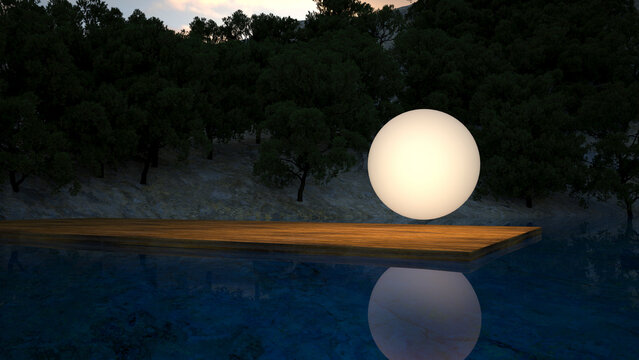 Luminous ball on a lake at night with trees in the background.