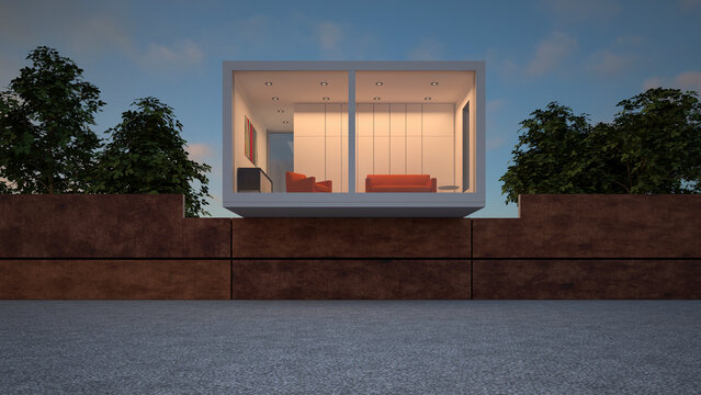 Modern tiny house with minimalistic design surrounded by nature