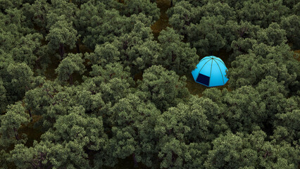 Blue tent in a forest seen from above, symbolizing escape and tranquility.