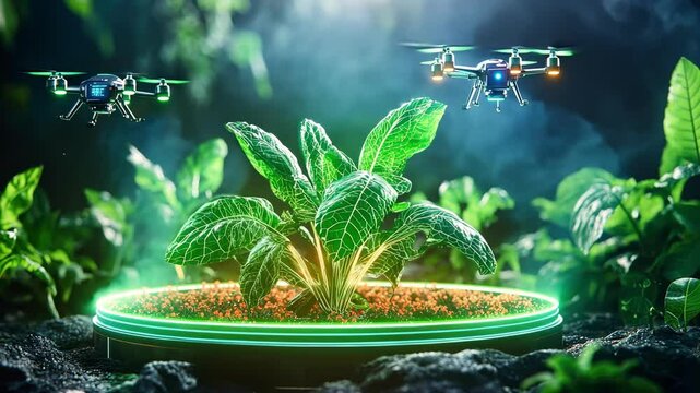 Futuristic agricultural drones monitoring smart plant technology in lush green environment