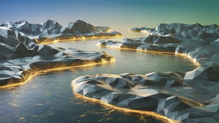 Winding golden river through geometric mountains and valleys