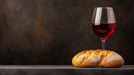 A glass of red wine is poured into a wine glass next to a piece of bread. Concept of relaxation and indulgence, as the wine and bread are often associated with leisurely meals and social gatherings