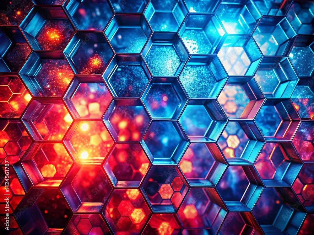 Poster abstract double exposure of glowing red and blue hexagonal patterns creating a mesmerizing visual ex