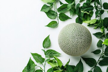 Fresh green melon surrounded by lush green leaves nature scene close-up view vibrant environment healthy eating concept for delicious summer recipes