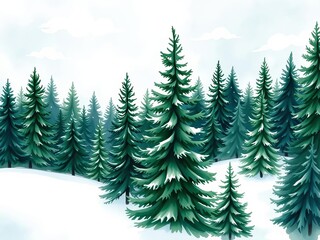 Fototapeta premium Watercolor winter evergreen pine trees bordering white clouds and blizzard, hand painted spruce forest illustration with abstract landscape, blizzard, abstract
