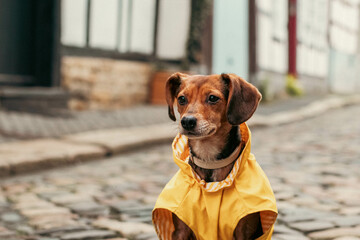 Charming Pup in a Yellow Raincoat in a Historic City