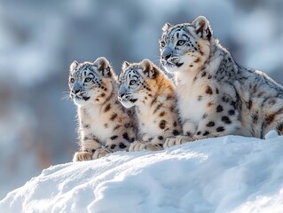 Fototapeta premium A Family of Playful Snow Leopards Climbing on a Snowy Mountain Peak Against a Clear Blue Sky