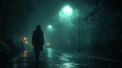 Hooded Figure Walking Alone in Foggy Night Street with Dim Streetlamp near House