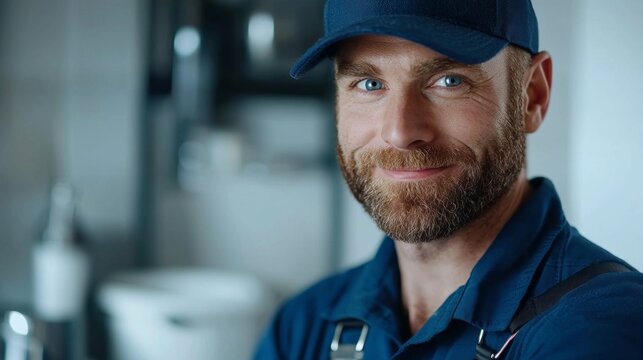 A cheerful plumber dressed in a blue uniform smiles warmly as he stands prepared to tackle plumbing tasks in a bright and inviting home interior, showcasing his professionalism and approachability