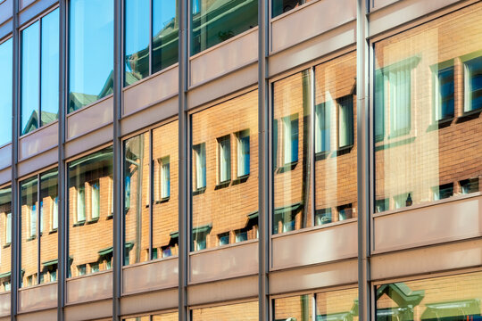 Glass facade of business building in the city center, Normalm, Stockholm, Sweden.
