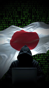Japan flag - 3D realistic waving flag on matrix digital background with binary code