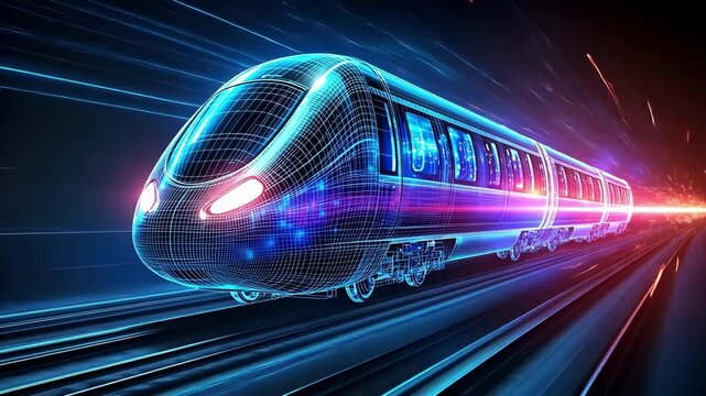 Futuristic hyperloop wireframe hologram in motion for innovative transportation design