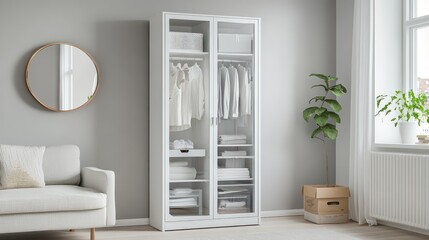 White wardrobe with glass doors in minimalist room.