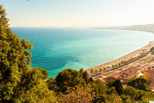 Panoramic view from above of the city of Nice and the Mediterranean Sea in summer, Nice, France.