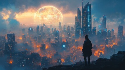 Futuristic Cityscape at Night with Holographic Globe Cyberpunk Art Technology Businessman