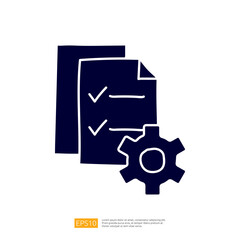 The image features a stack of documents with checkmarks and a gear, symbolizing organization, planning, and technical processes.