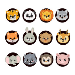 Cute cartoon animals faces fox, bear, rabbit, bunny, wolf, lion, elephant, owl, pig isolated on white. Vector Illustration