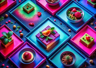 Fototapeta premium Abstract Food Photography with Neon Pink and Blue Squares Creating a Captivating Culinary Experience in an Artistic Setting