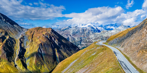 Aerial view of the road to Furkapass in the Swiss Alps, Kanton Wallis