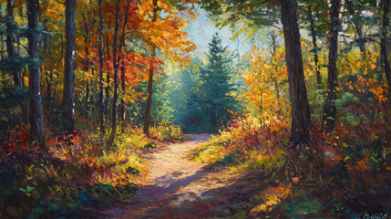 Obraz premium A narrow autumn trail winding through a vibrant forest, with a patch of sunlight shining through the trees and highlighting the vibrant foliage.