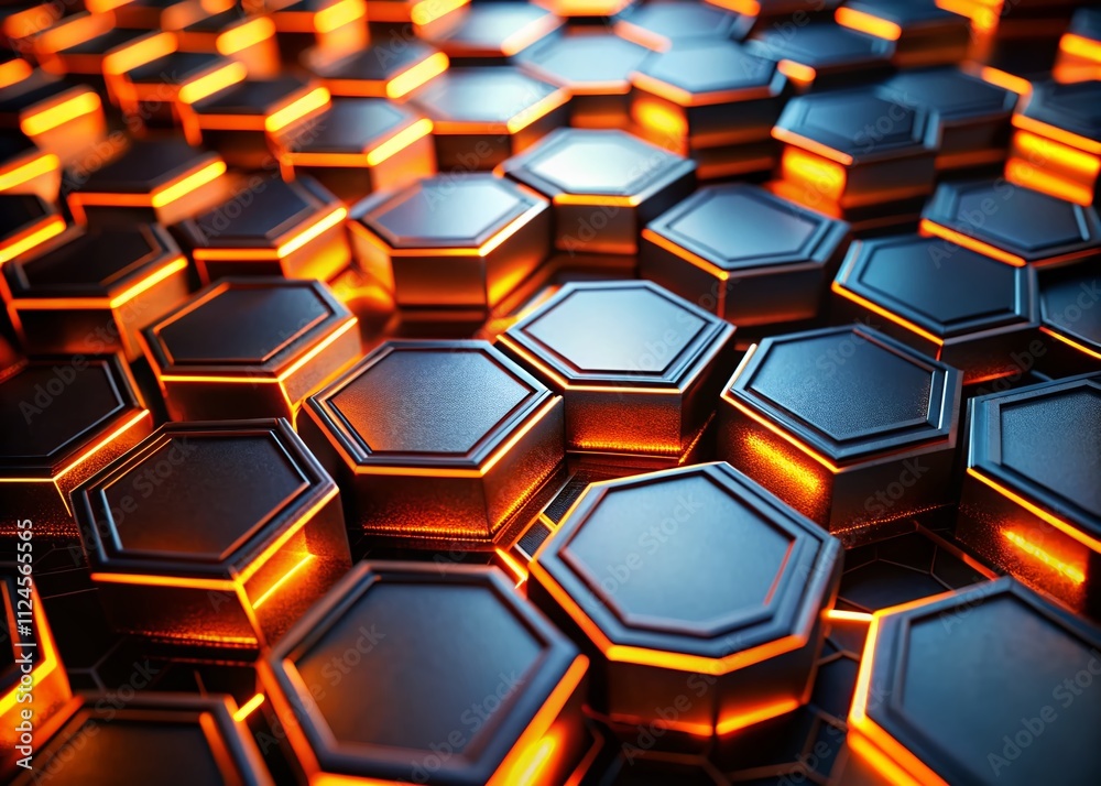 Poster abstract futuristic hexagonal tiles with glowing orange lines in a dark background creating a high-t