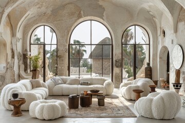 Elegant minimalist loft living room design with boucle chairs and abstract art in neutral tones