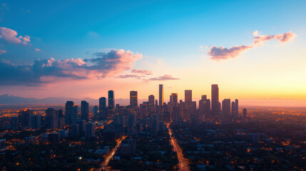 Fototapeta premium City skyline at sunset with vibrant city lights