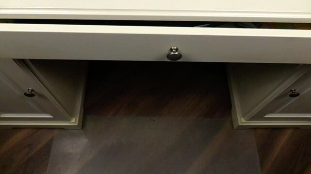 White desk drawers with stationery and office supplies, organizing and storing things in the house, pushing out desk drawer, slow motion   