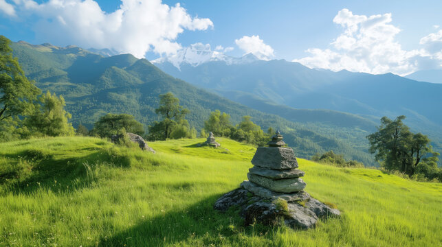 Serene mountain landscape with stone cairns under blue sky