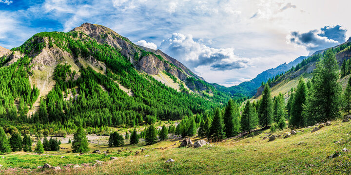 Scenic view of lush green valley and mountains in the Parc National du Mercantour, France
