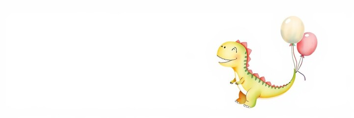 Obraz premium Watercolor hand drawn illustration of a cute cartoon dinosaur flying with balloons, perfect for baby shower or postcards, white background, watercolor