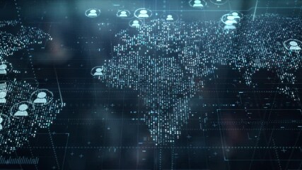 Digital world map with users worldwide connections. Global social media network and web 3.0 communication on earth background. Cloud storage and blockchain technology concept. Internet vpn location - Powered by Adobe