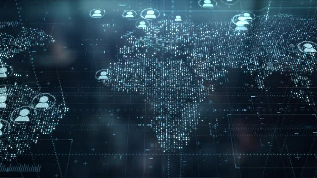 Digital world map with users worldwide connections. Global social media network and web 3.0 communication on earth background. Cloud storage and blockchain technology concept. Internet vpn location