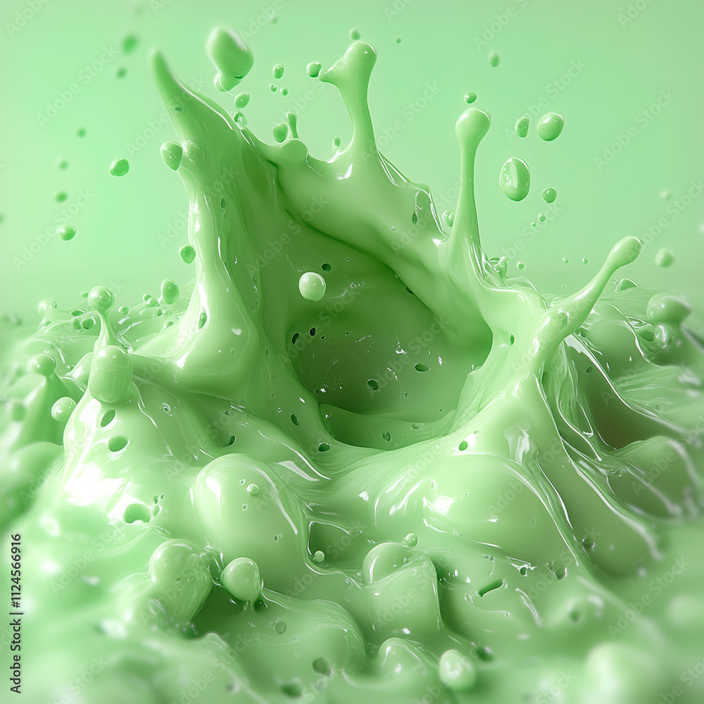 Poster Abstract flow of green viscous liquid with smooth texture accentuated by realistic drops. A light and expressive composition