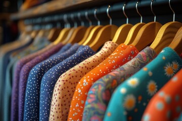 colorful boutique fashion clothing store vibrant apparel elegant garments shopping racks warm lighting