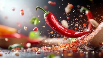 A pepper is falling from the sky, with other spices and food particles flying around it. The scene is chaotic and messy, with a sense of disorder and disarray