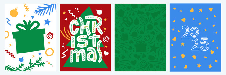 Fototapeta premium Merry Christmas and Happy New Year greeting card Set. Modern typography Xmas design with beautiful elements