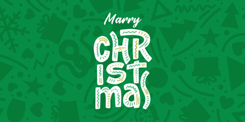 Festive banner with the text “Merry Christmas.” The lettering is hand-drawn. Great backdrop for winter or Christmas themes. 