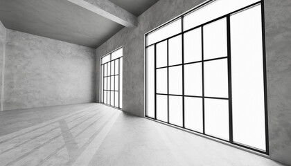 3D render of an empty modern architectural space with large windows