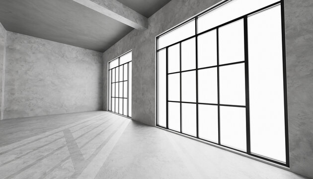 3D render of an empty modern architectural space with large windows