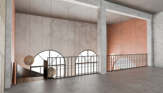 3D render of an empty modern industrial interior space with concrete and brick walls